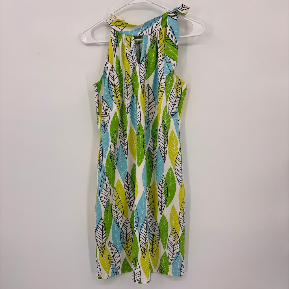 Katherine Way Halter Dress Womens Small Green Leaf Print Excellent Pockets Tie